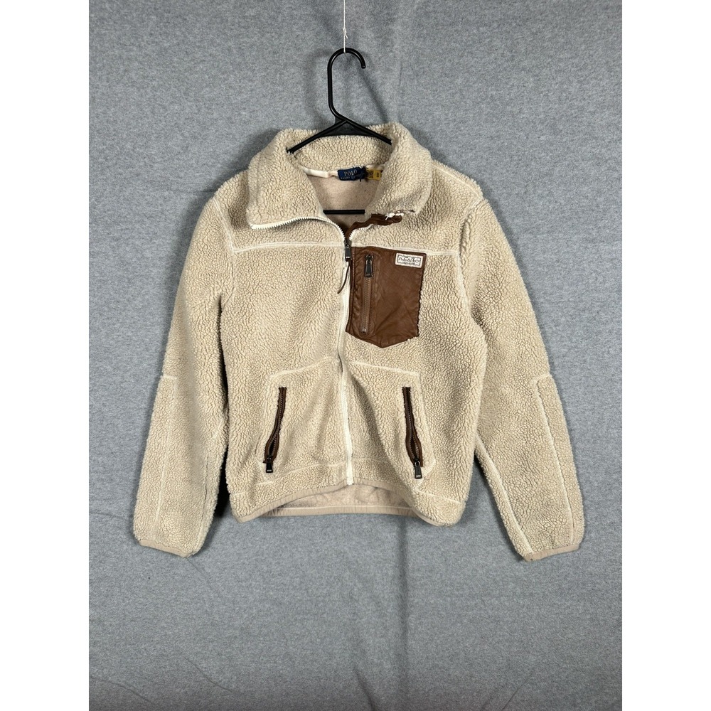 Polo Ralph Lauren Womens M Cream Sherpa Fleece Jacket Sheepskin Leather Trim